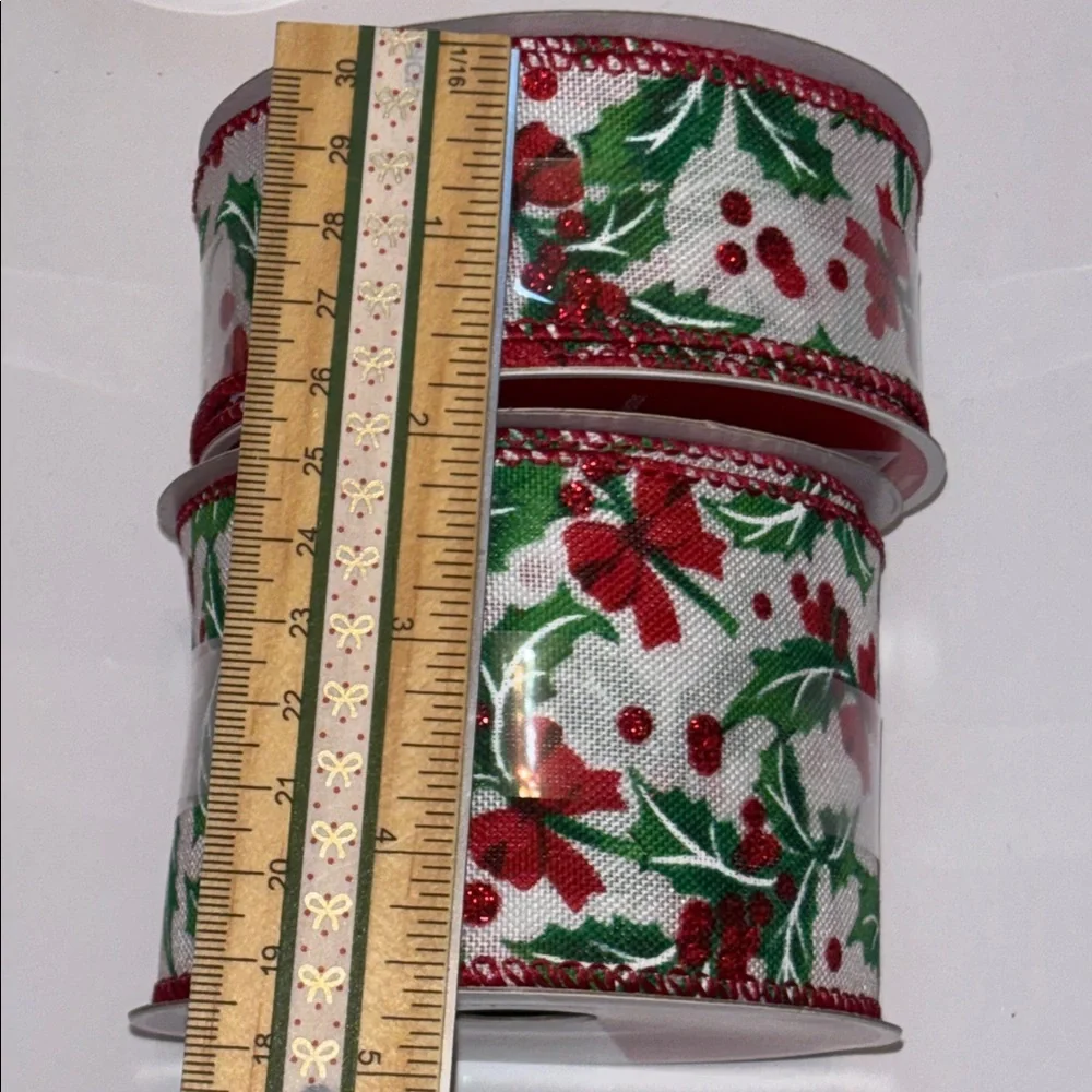 Festive Holly Print Ribbon Red and Green Holiday Ribbon Wired Edge Trad Ribbon